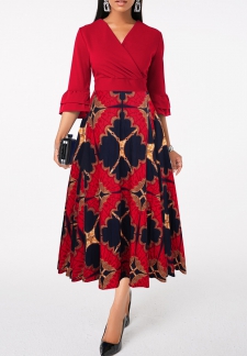 Tribal Print Patchwork Wine Red Cross Collar Dress
