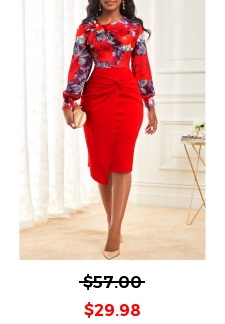 Floral Print Decorative Button Wine Red Dress