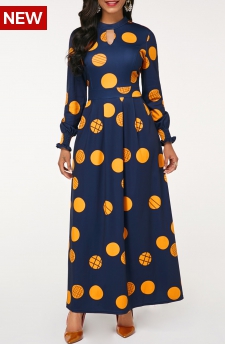 Polka Dot Cut Out Navy Long Sleeve Maxi Dress