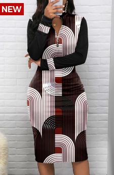 Geometric Print Zipper Black Long Sleeve Bodycon Dress