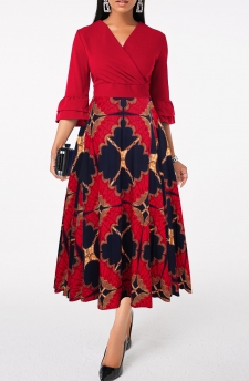 Tribal Print Patchwork Wine Red Cross Collar Dress