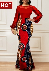 Tribal Print Lace Red Long Sleeve Maxi Bodycon Dress