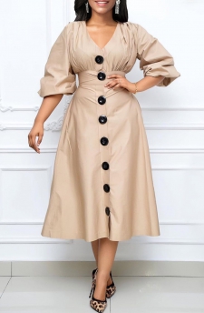 Light Camel V Neck Umbrella Hem Dress