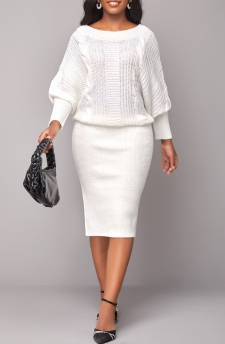 Boat Neck Long Sleeve White Bodycon Dress