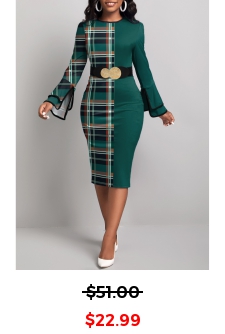 Plaid Patchwork Green Round Neck Bodycon Dress