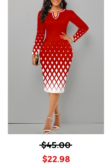 Geometric Print Split Christmas Red Long Sleeve Dress