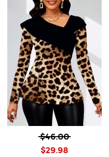 Leopard Asymmetry Dark Coffee Long Sleeve Blouse