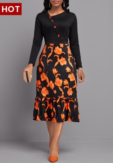 Floral Print Button Black Long Sleeve Asymmetrical Neck Dress