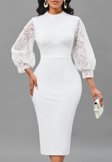 Embroidery White Three Quarter Length Sleeve Bodycon Dress