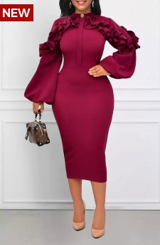 Frill Stand Collar Wine Red Bodycon Dress