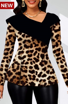 Leopard Asymmetry Dark Coffee Long Sleeve Blouse