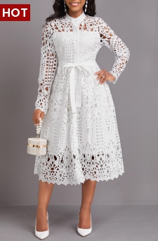 Lace Belted White Stand Collar Long Sleeve Dress