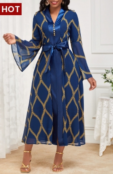 Tribal Print Patchwork Belted Navy Long Sleeve Dress