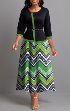 Tribal Print Fake 2in1 Green Maxi Dress