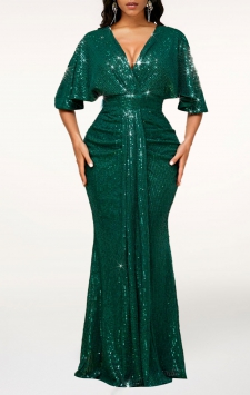 Sequin V Neck Blackish Green Maxi Bodycon Dress