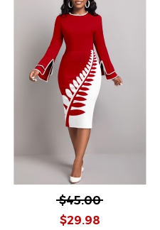 Leaf Print Patchwork Wine Red Long Sleeve Bodycon Dress