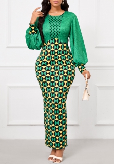 Geometric Print Patchwork Green Maxi Bodycon Dress