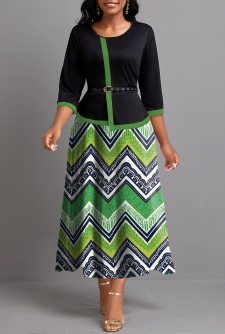 Tribal Print Fake 2in1 Green Maxi Dress