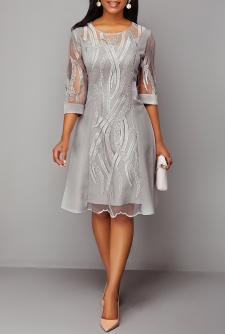 Lace Panel 3/4 Sleeve Light Grey Dress
