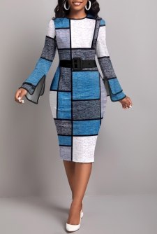 Geometric Print Layered Blue Long Sleeve Dress