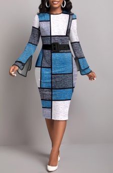 Geometric Print Layered Blue Long Sleeve Dress