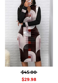 Geometric Print Zipper Black Long Sleeve Bodycon Dress