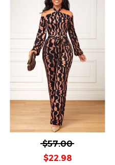 Geometric Print Cut Out Belted Dark Coffee Jumpsuit