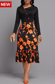 Floral Print Button Black Long Sleeve Asymmetrical Neck Dress