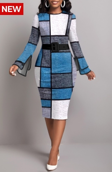 Geometric Print Layered Blue Long Sleeve Dress