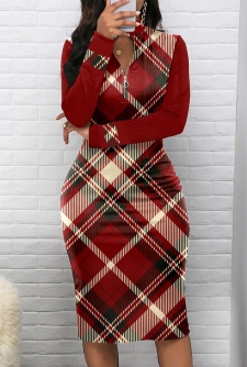 Plaid Zipper Wine Red Long Sleeve Bodycon Dress