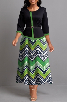 Tribal Print Fake 2in1 Green Maxi Dress