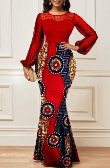 Tribal Print Lace Red Long Sleeve Maxi Bodycon Dress