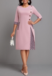 Geometric Print Button Pink A Line Dress