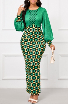 Geometric Print Patchwork Green Maxi Bodycon Dress