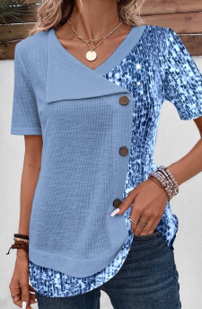 Dusty Blue Asymmetrical Neck Sequin Blouse