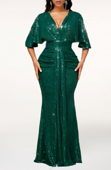 Sequin V Neck Blackish Green Maxi Bodycon Dress