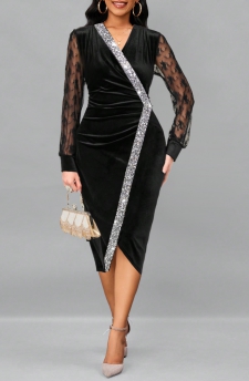 Sequin Black Long Sleeve V Neck Dress