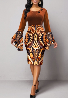 Tribal Print Velvet Dark Coffee Long Sleeve Bodycon Dress