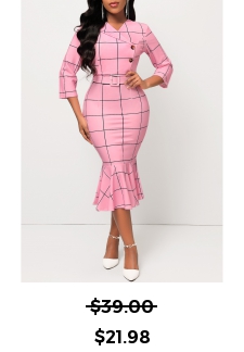 Pink Belted Plaid Button Mermaid Dress