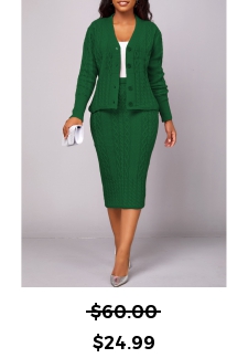 Blackish Green Button Long Sleeve Top and Skirt