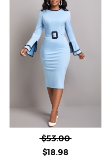 Contrast Binding Belted Light Blue Bodycon Dress