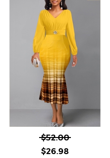 Plaid Yellow Long Sleeve V Neck Mermaid Dress