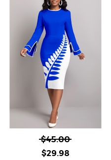 Leaf Print Patchwork Royal Blue Bodycon Dress