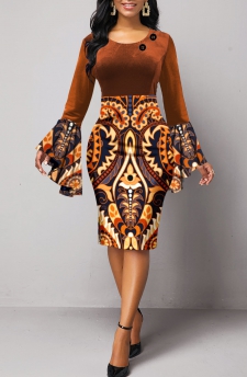 Tribal Print Velvet Dark Coffee Long Sleeve Bodycon Dress