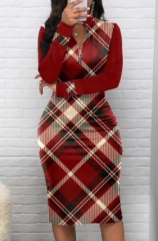 Plaid Zipper Wine Red Long Sleeve Bodycon Dress