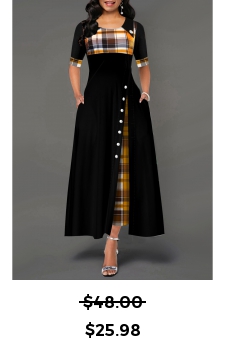 Decorative Button Ginger Plaid Round neck Dress