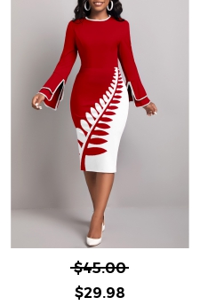 Leaf Print Patchwork Wine Red Long Sleeve Bodycon Dress