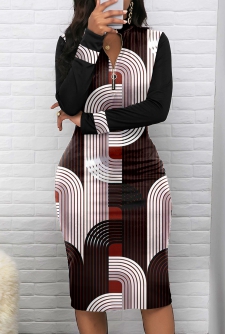 Geometric Print Zipper Black Long Sleeve Bodycon Dress