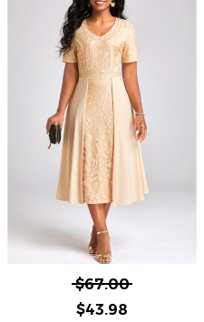 Champagne Patchwork V Neck Short Sleeve Dress