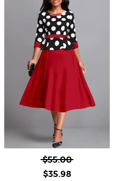 Polka Dot Pearl Wine Red Round Neck Dress